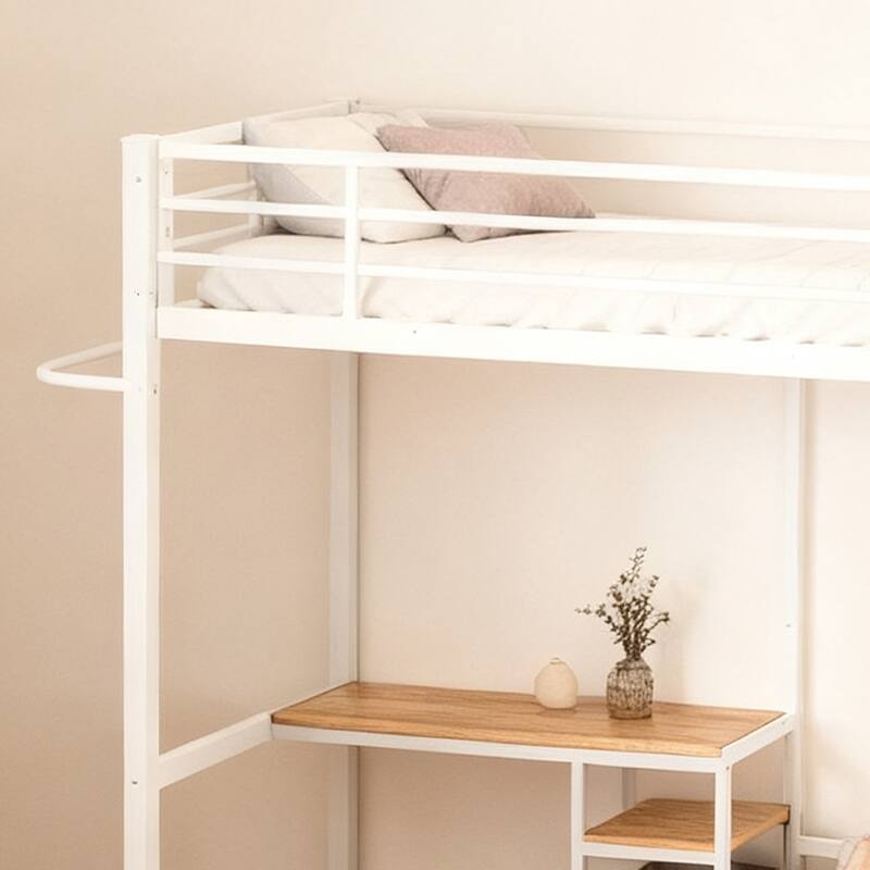 Twin Over Twin L-Shaped Metal Bunk Bed with Desk, Storage Shelves and Safety Guardrail