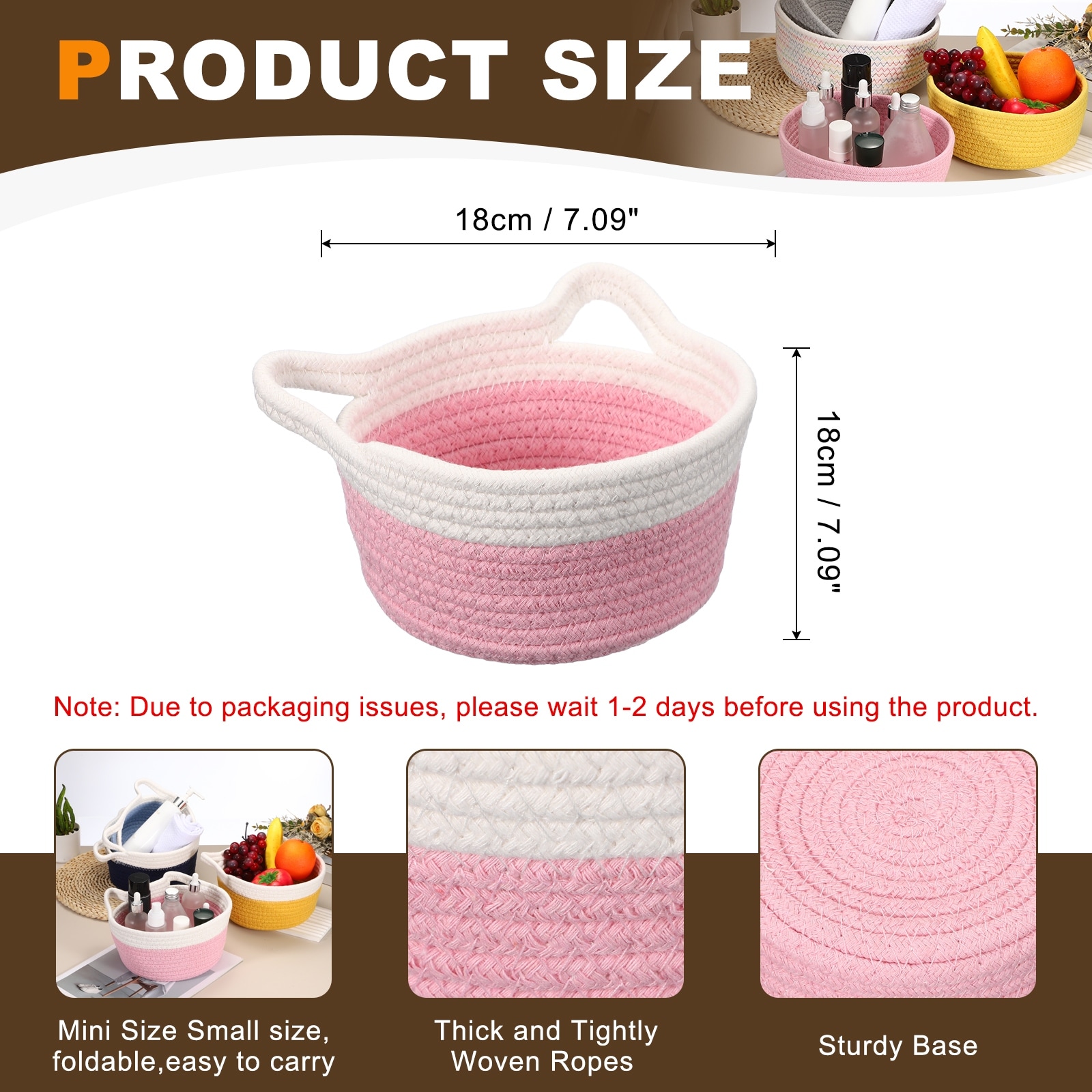 Small Cotton Rope Woven Storage Basket, Cat Ears Decorative Organizer