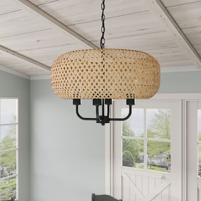 Farmhouse 4-Light Hand-Woven Natural Bamboo Pendant Light