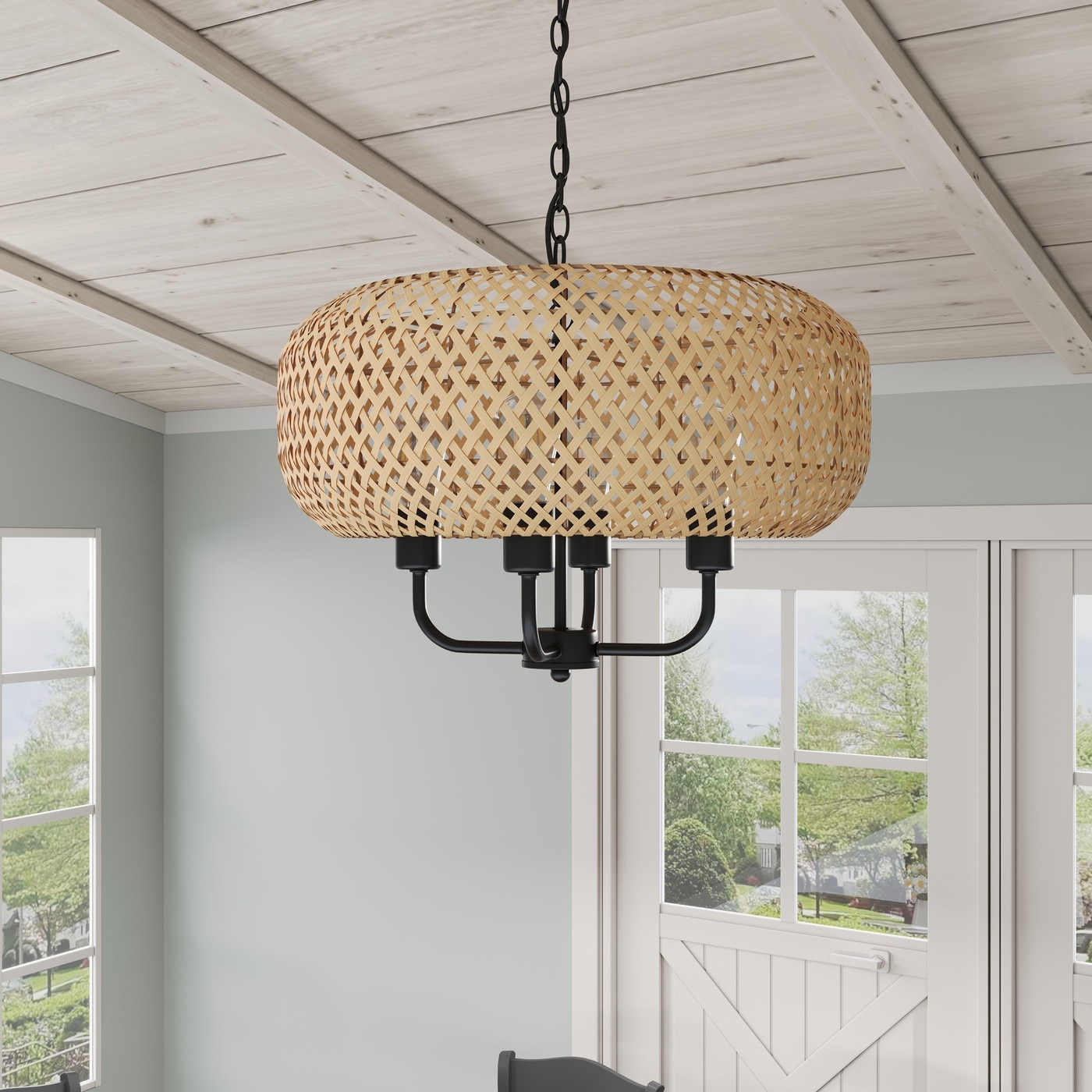 Farmhouse 4-Light Hand-Woven Natural Bamboo Pendant Light