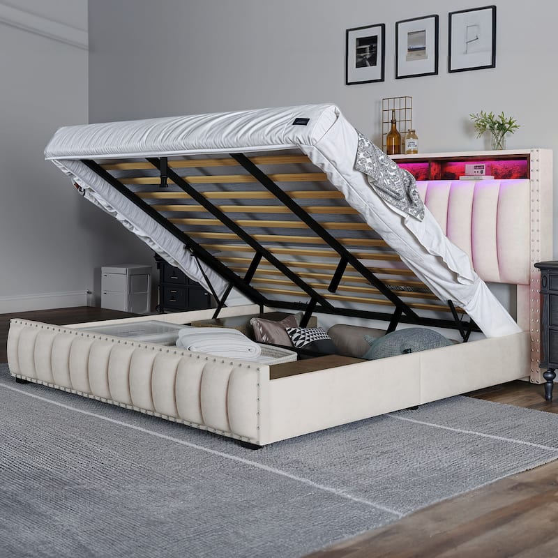 Lift Up Storage Nailhead Bed Frame with Charging Station, Velvet Upholstered Platform Bed with RGB LED Lights