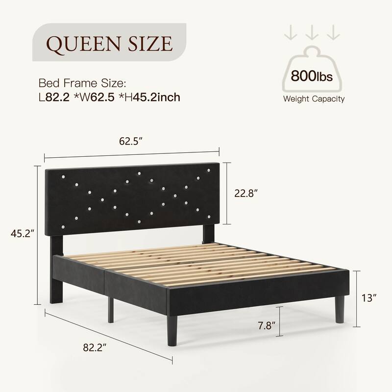 Modern Platform Bed Frame with Upholstered Headboard & Wooden Slats