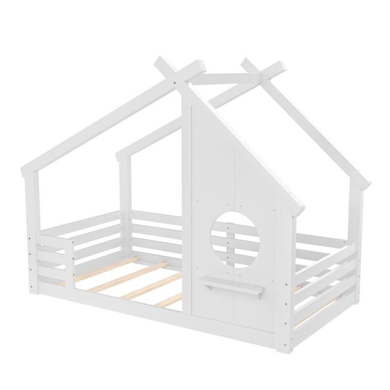 Twin House Floor Bed with Window and a Small Shelf, Solid Wood Floor Bed with House-shaped Roof, No Spring Box Needed