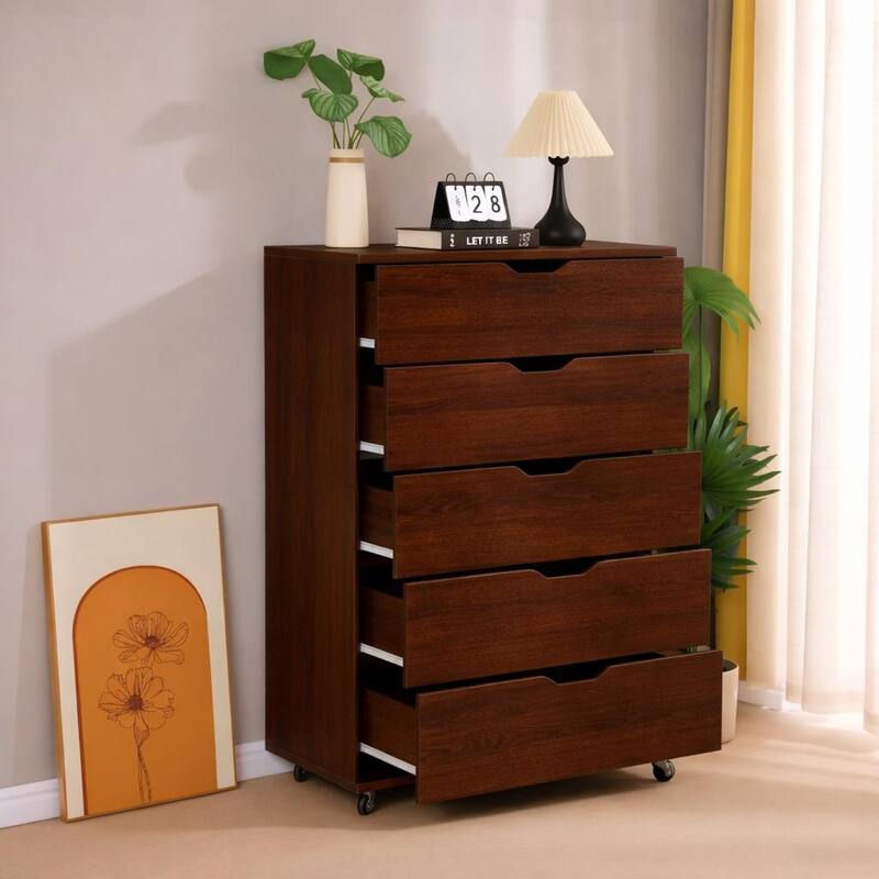 5 Drawer Dresser on Wheels Rustic Brown Rolling Chest of Drawers Storage Cabinet for Bedroom Closet, Wide Drawer Organizer