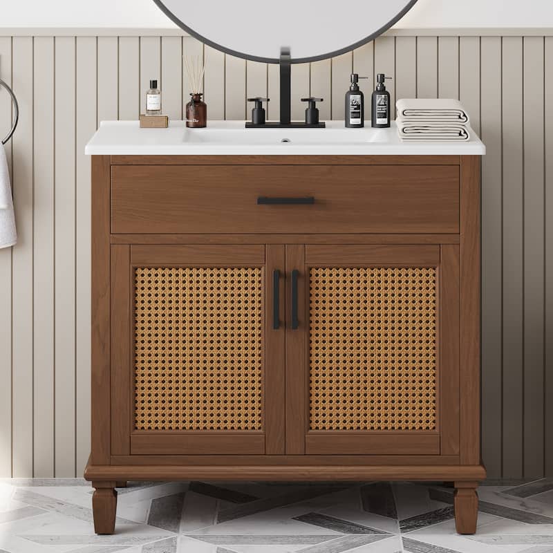 36" Bathroom Vanity with Ceramic Sink, Bathroom Sink Cabinet with 2 Soft Close Doors and 3 Drawers - Brown