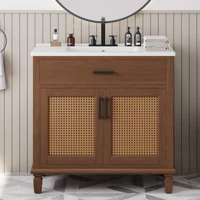 Roomfitters 36" Rattan Bathroom Vanity with Ceramic Sink, Modern Cabinet with Soft-Close Doors and Storage units