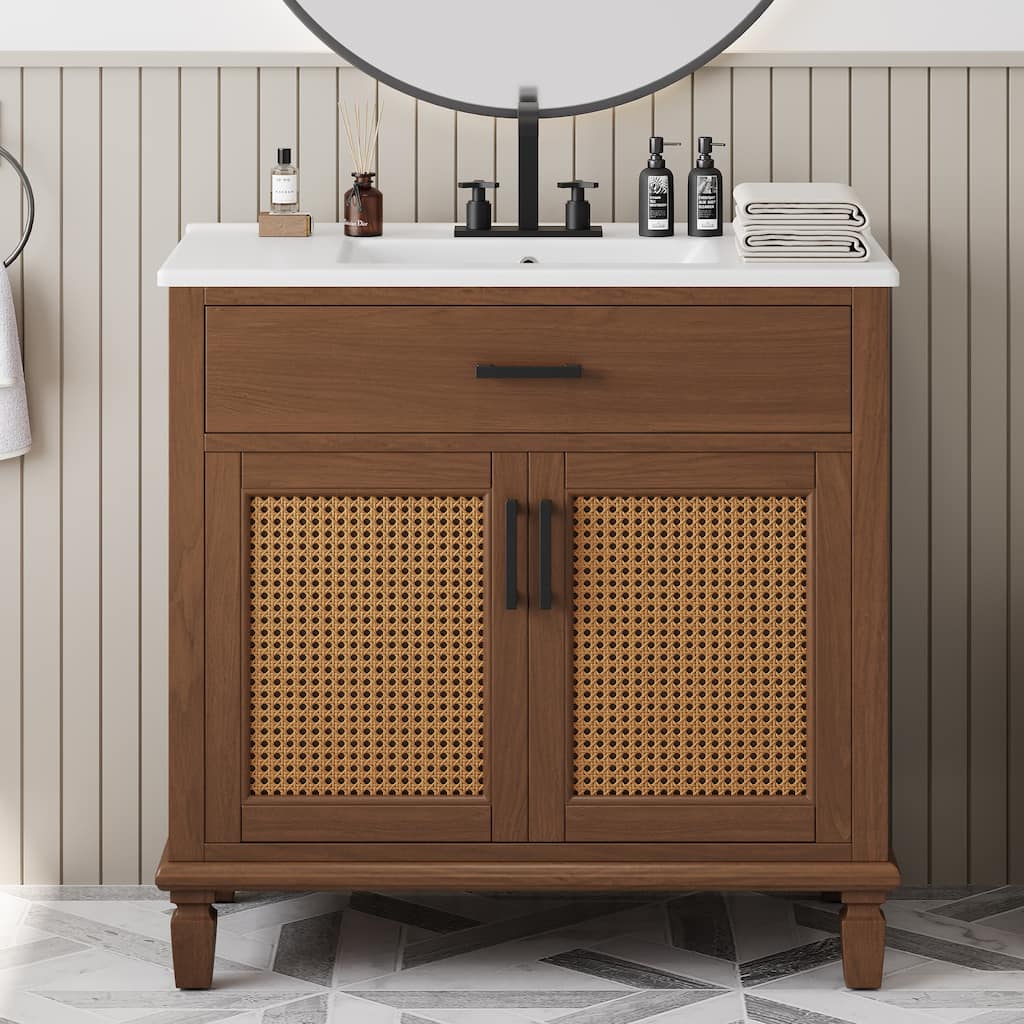 Roomfitters 36" Rattan Bathroom Vanity with Ceramic Sink, Modern Cabinet with Soft-Close Doors and Storage units