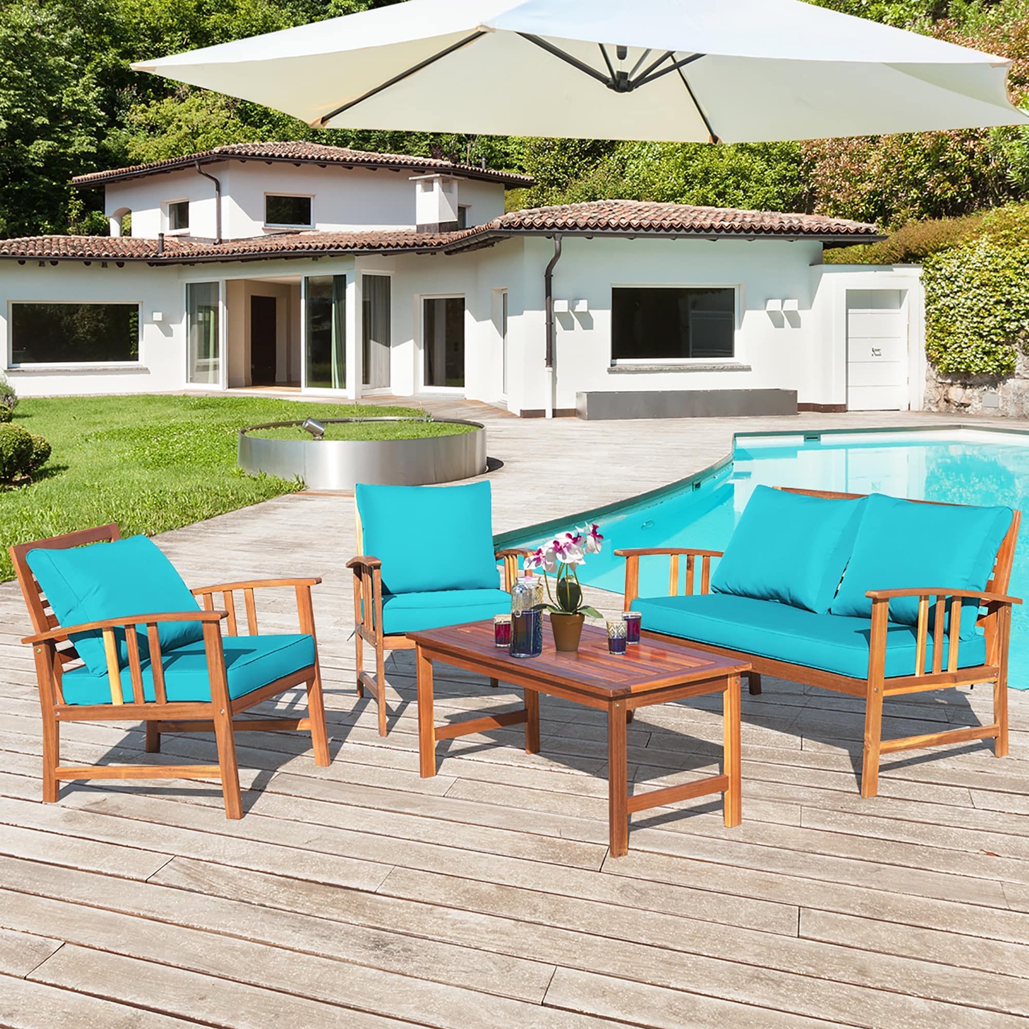 Costway 4PCS Wooden Patio Furniture Set Table Sofa Chair Cushioned
