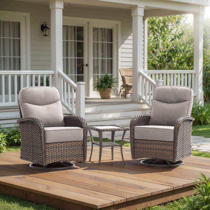 Pocassy Outdoor Sofa Swivel Chair and Ottman with Fire Pit Table - Brown Wicker Beige Cushion - 3-Piece Swivel Chair  with Side Table