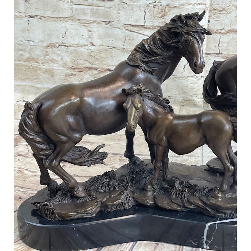Signed Mene Horse Family Bronze Sculpture Art Deco Marble Base Figurine Figure