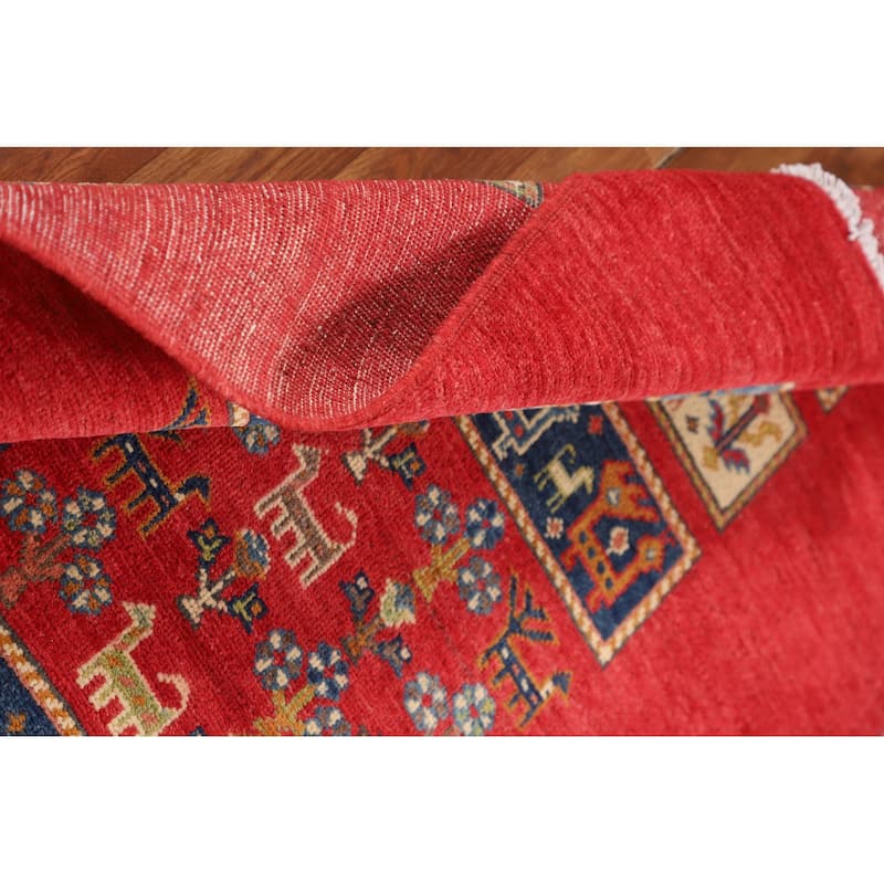 Tribal Geometric Red Kazak Oriental Area Rug Hand-Knotted Wool Carpet - 3'11" x 5'11"