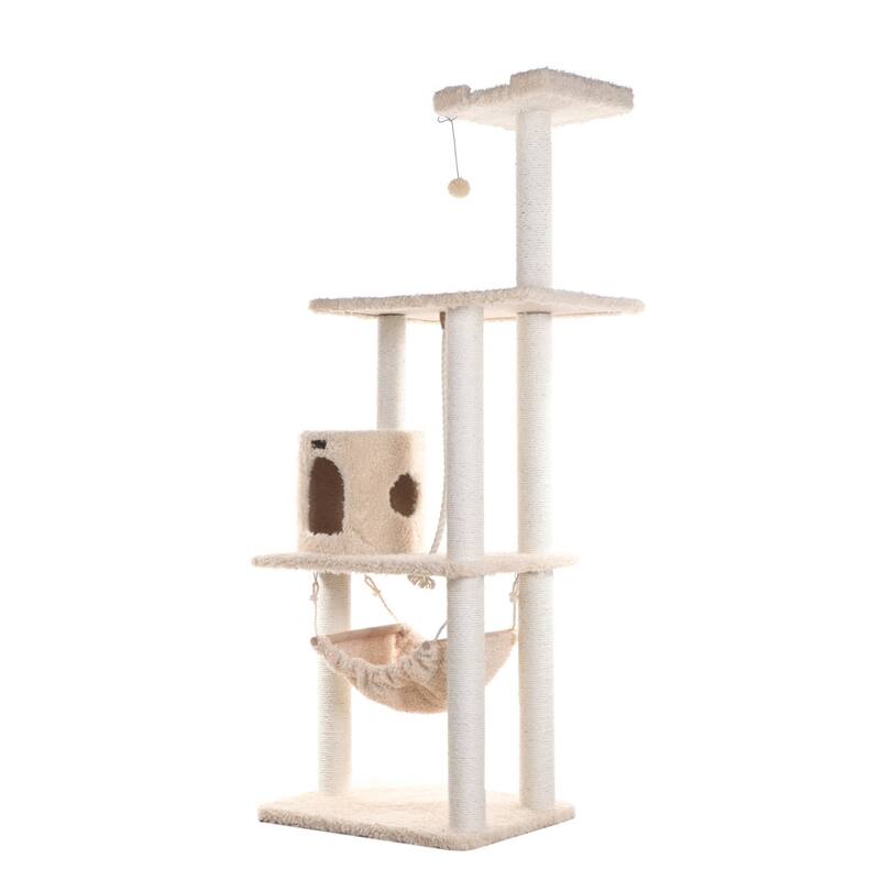 70" Wood Cat Furniture,Ultra thick Faux Covered Cat Condo House, Beige