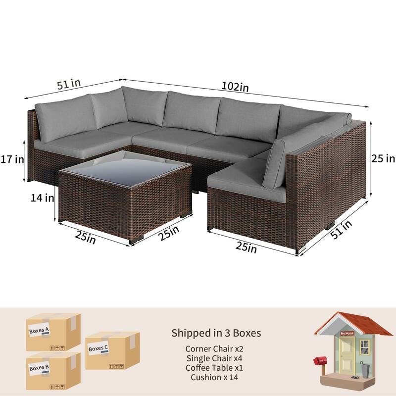 7-Pieces Outdoor PE Garden Furniture Wicker Rattan Patio Furniture Wicker Sectional Conversion Set