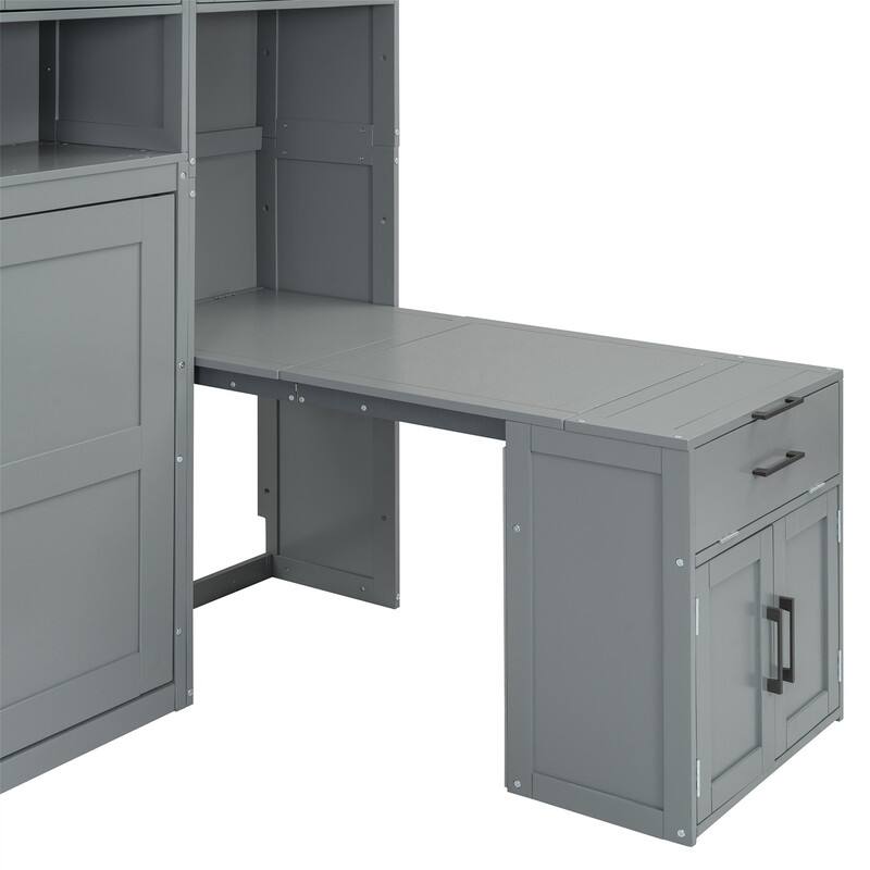 Twin Size Murphy Bed with Closet, Desk and Storage Shelves, Space Saving Design Murphy Bed Cabinet with Open Storage