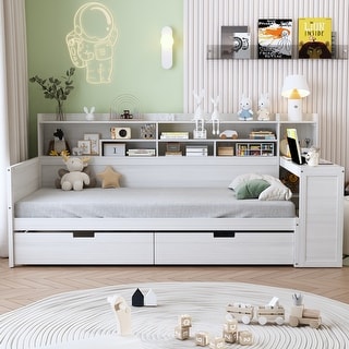 Wooden Twin Size Daybed with Storage Shelves, Multi-functional Bed with 2 Storage Drawers and Study Desk, Antique White