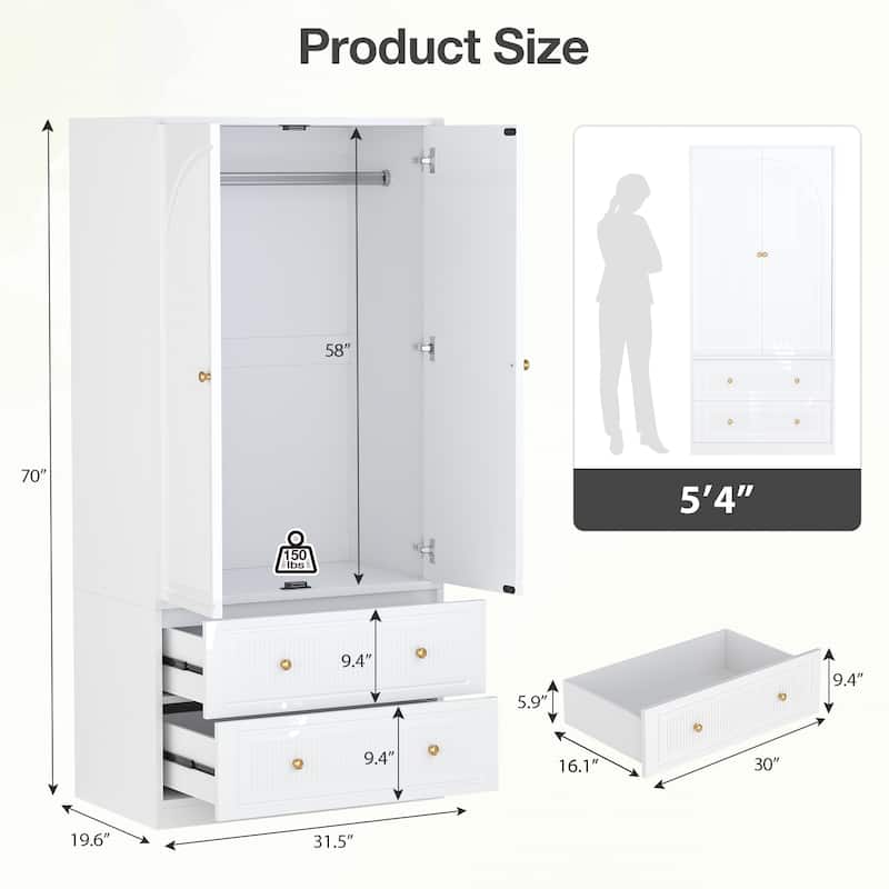 Gymojoy 71" Wardrobe Closet with 2 Doors & 2 Drawers, Modern White Wooden Armoire with Hanging Rod & Gold Handles