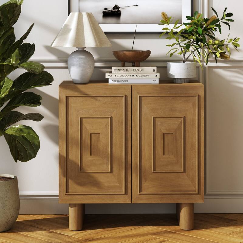 Austin Mid Century Modern Solid Wood Bar Cabinet or Dining Room Buffet with Geometric Doors - Single