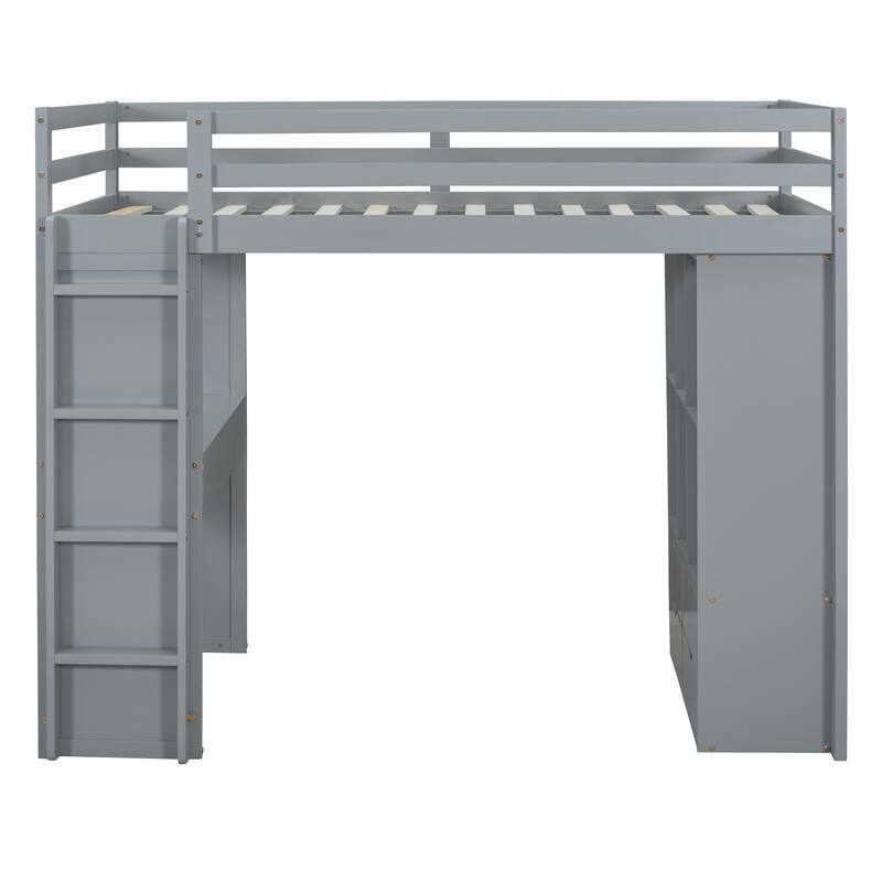 Twin Loft Bed with Shelves, Desk, and LED Light in Gray