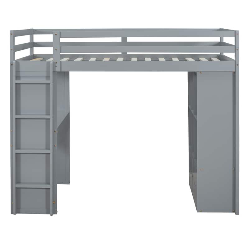 Twin Size Solid Wood Loft Bed with large shelves, writing desk and LED Light for Bedroom