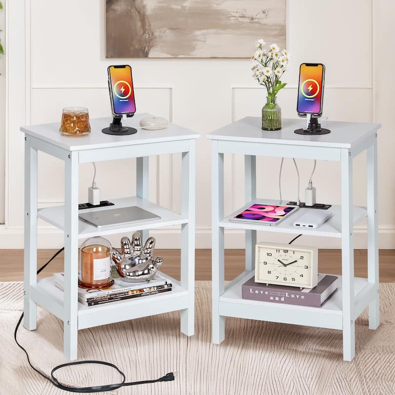 Javlergo Set of 2 Nightstand with Charging Station 3-Tier End Table with USB Ports and Outlets for Living Room Bedroom - White
