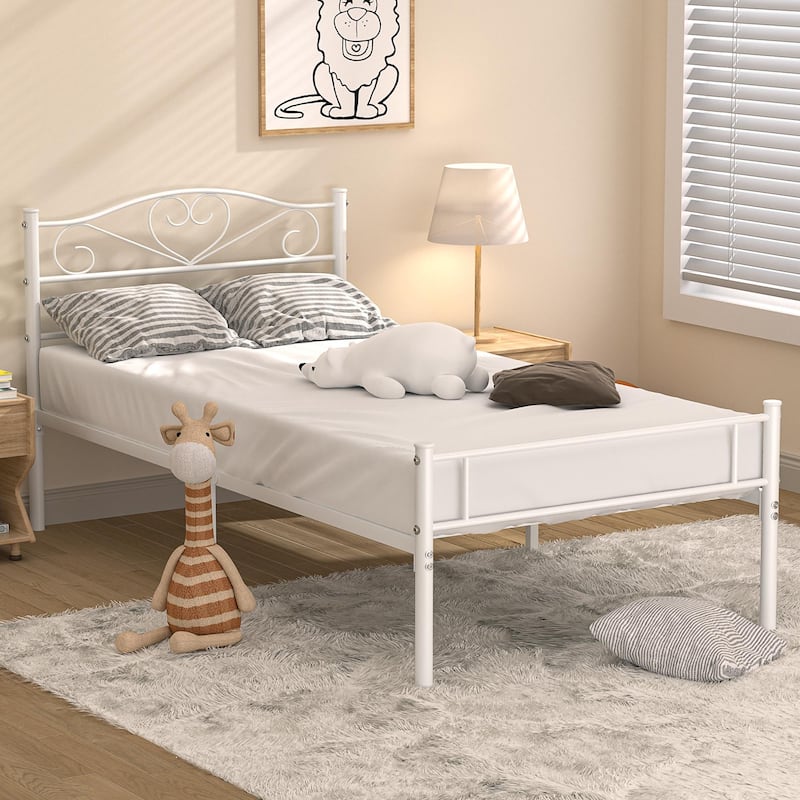 VECELO Twin Size Metal Bed Frame Set of 2, Heavy Duty Platform Beds with Headboard, No Box Spring Needed, Under Bed Storage