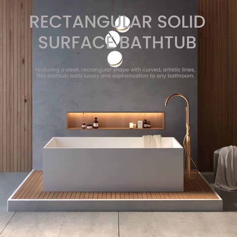ABRUZZO 67" x 28" Freestanding Solid Surface Soaking Bathtub with Overflow & Pop-Up Drain