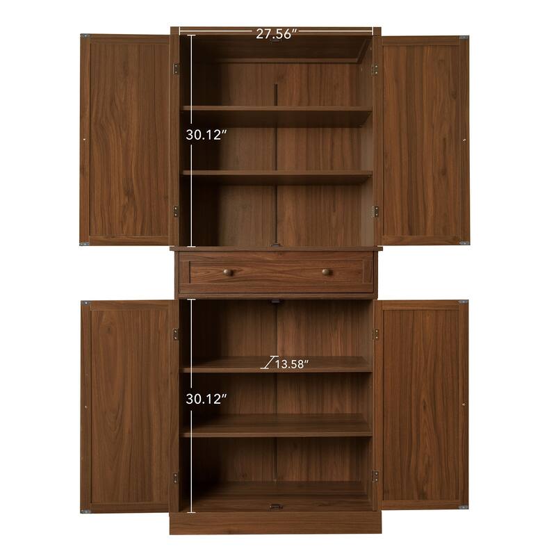 Pantry Cabinet with 4 Rattan Doors & 1 Drawer, Buffet Cabinet with Adjustable Shelves, Freestanding Wooden Storage Cabinet