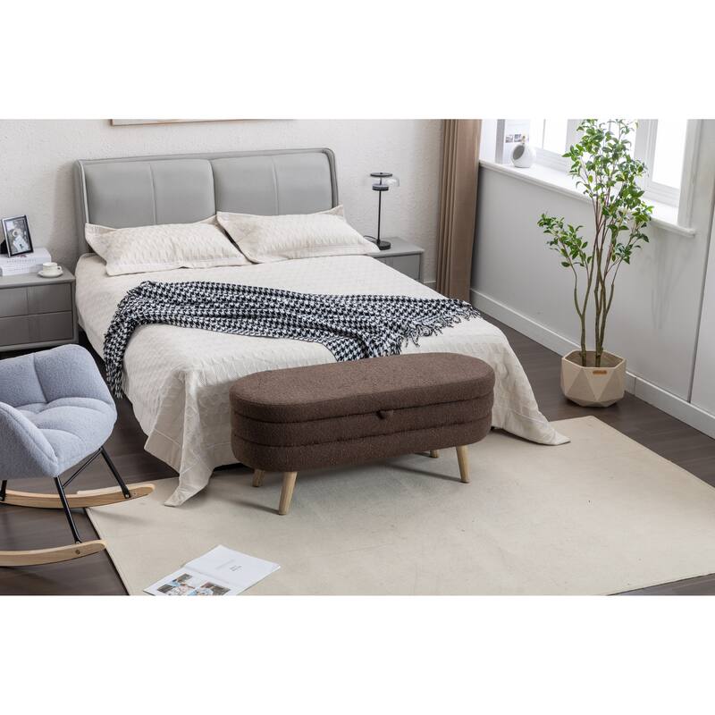 Bedroom Storage Bench, Velvet Oval Upholstered End of Bed Bench with Wood Legs, Modern Storage Ottoman Bench for Entryway