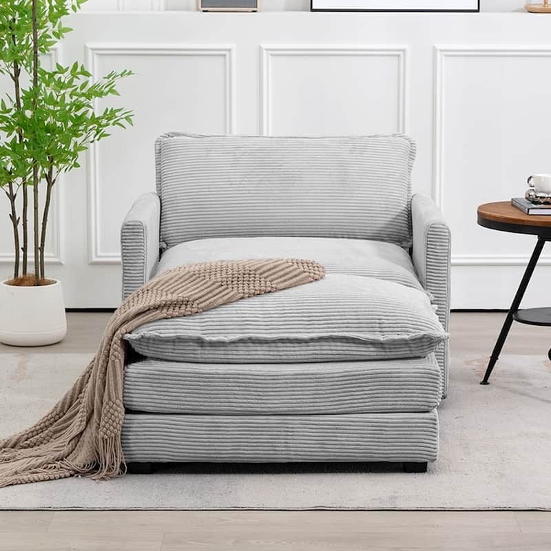 Oversized Corduroy Armchair with Plush Cushions and Movable Ottoman