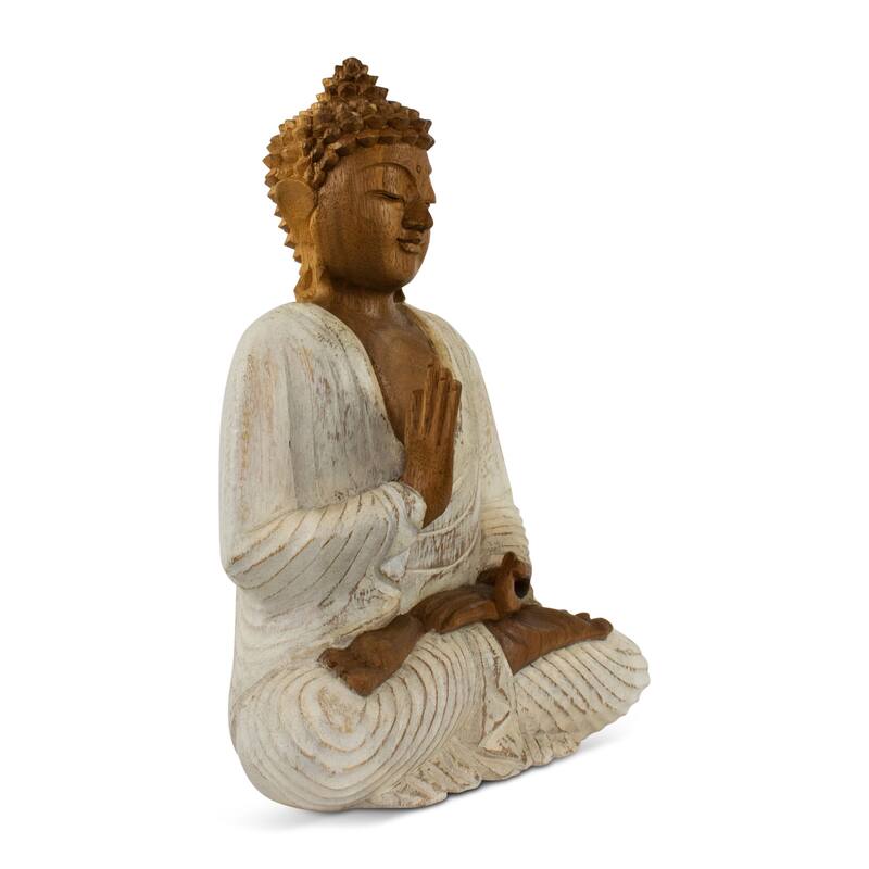 Wood Buddha Statue Hand Carved Whitewashed Vitarka Mudra Sculpture, Zen Home Decor - 12" tall x 10" wide x 5.5" deep