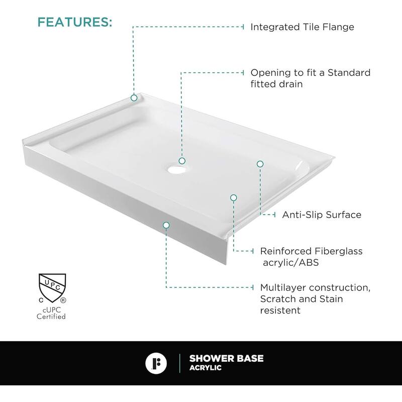Frameless Clear Tempered Shower Glass Door with Shower Base Kit