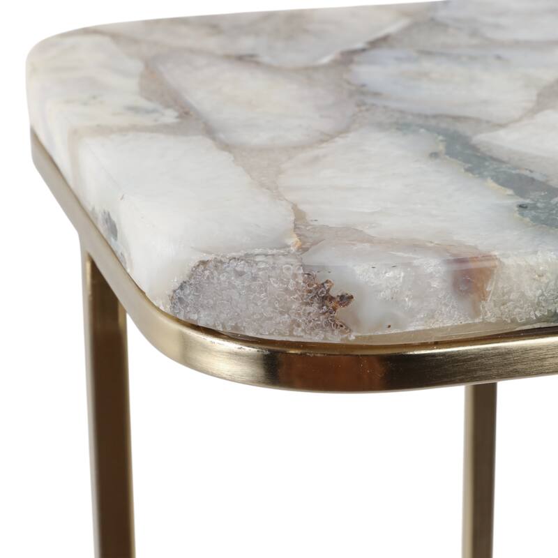 Modern Small Accent Table -Stone Top and Iron Base - 24", Gold & White - 24.0"