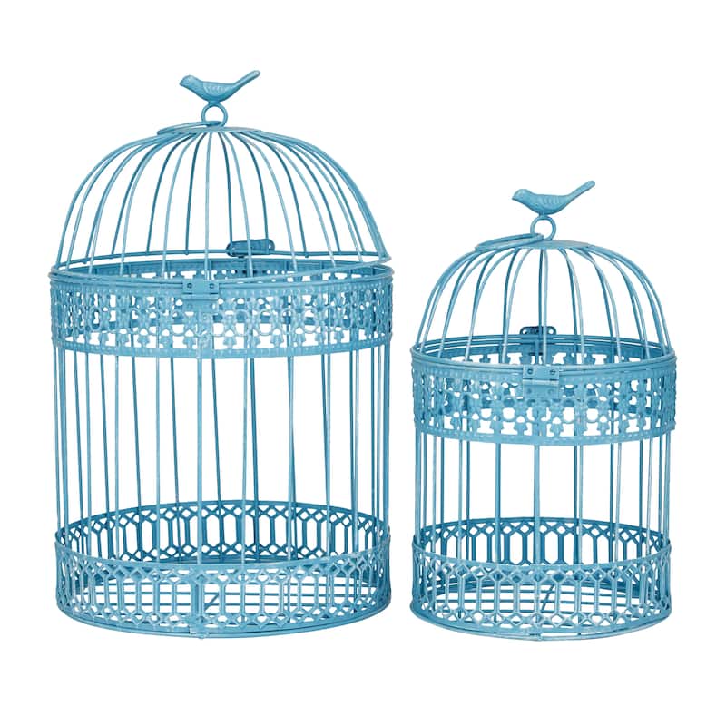 White Metal Bird Decorative Birdcage with Latch Lock Closure and Hanging Hook (Set of 2)