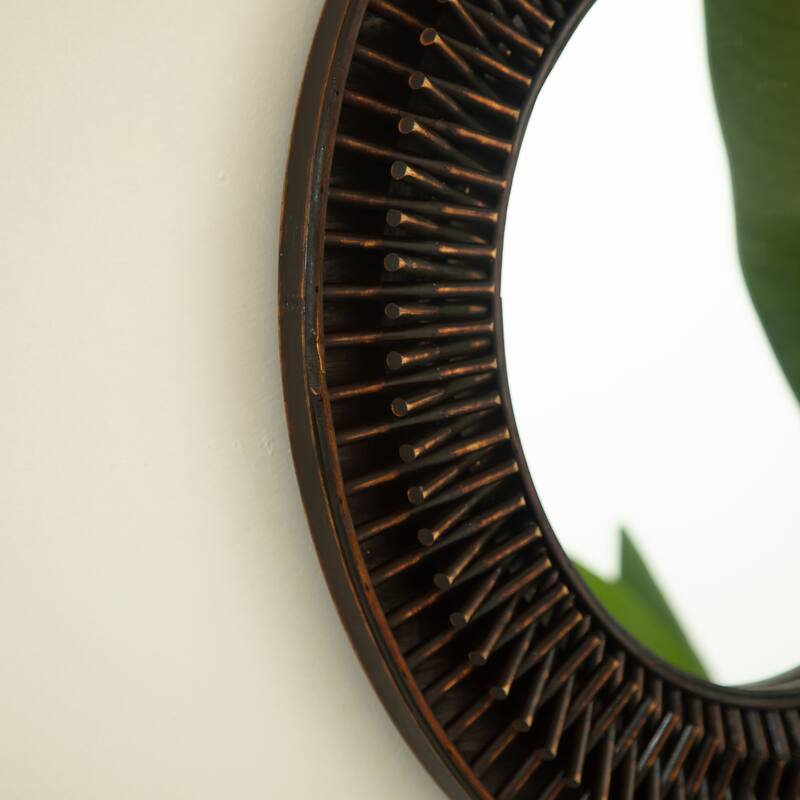 Aura Dark Bamboo Natural Log-Style Circle Wall Mirror - Bathroom, Bedroom, Living Room - Dark Brown,Silver