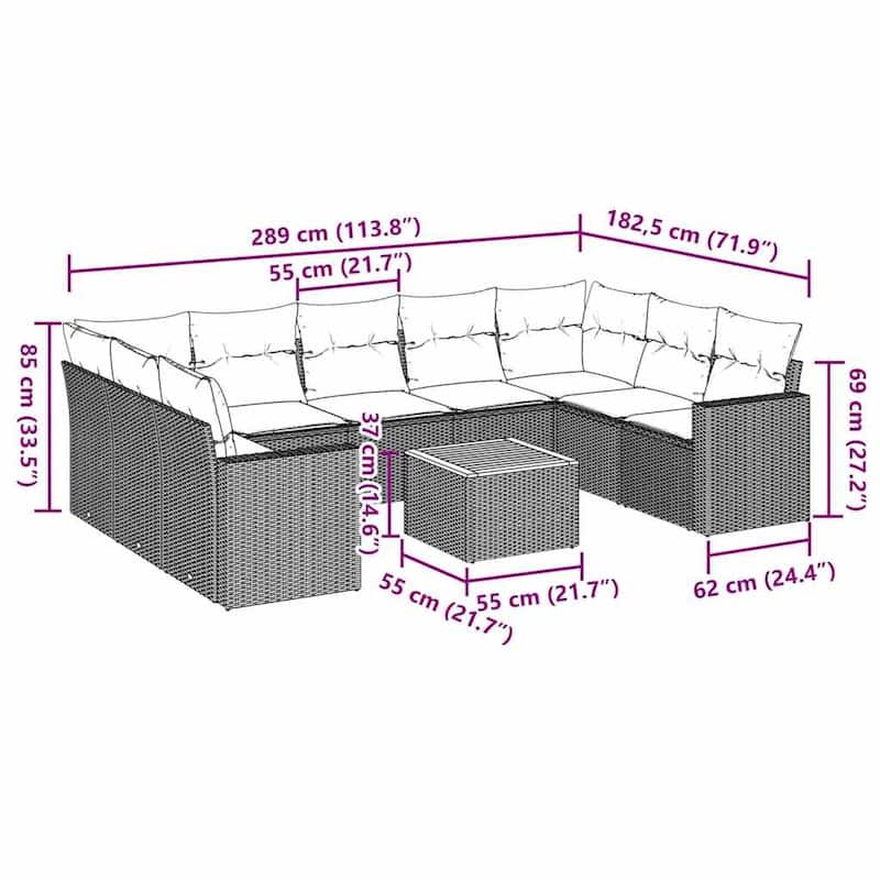 vidaXL Patio Sofa Set with Cushions Outdoor Furniture 10 Piece Poly Rattan - 24.4 x 25.8 x 27.2