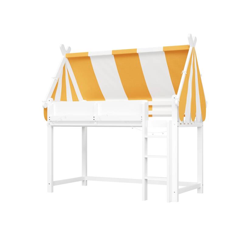 Loft Bed with Bright Yellow White Canopy, House-shaped Bed Frame Design with LED String Lights and Front Display Bookshelf