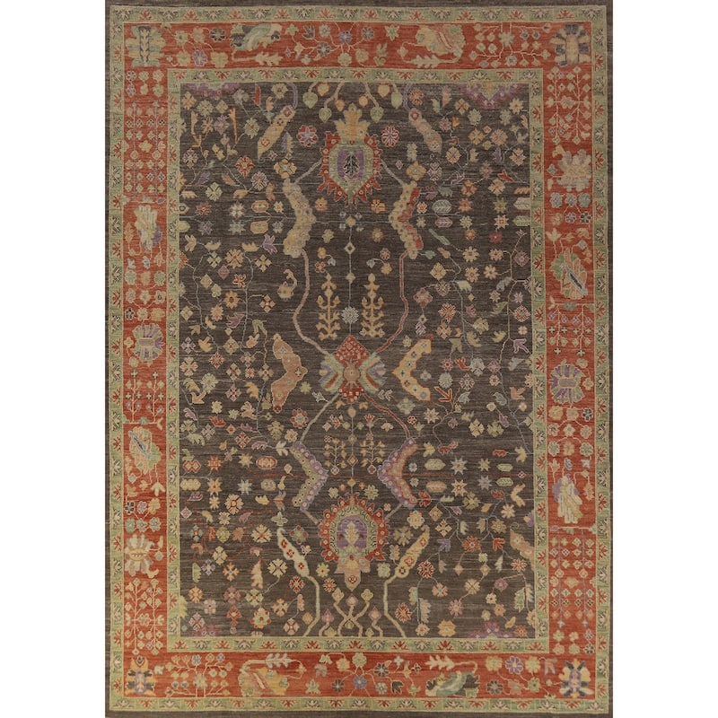Hand Knotted Oriental 100% Wool Carpet Transitional All-Over Greys & Charcoal Oushak Area Rug - 12' 3'' X 9' 4''