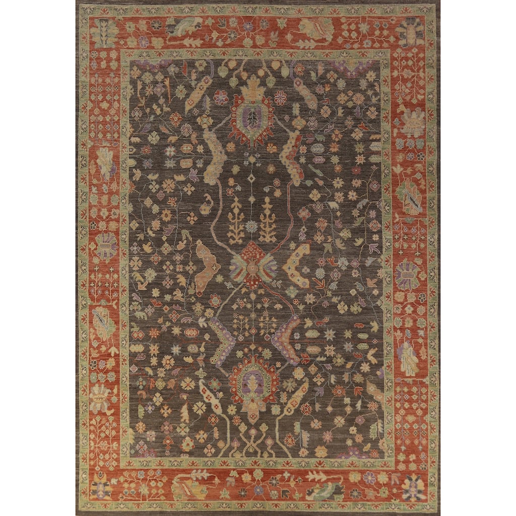 Hand Knotted Oriental 100% Wool Carpet Transitional All-Over Greys & Charcoal Oushak Area Rug - 12' 3'' X 9' 4''