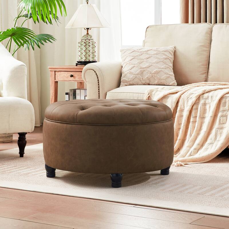 Tufted Round Storage Ottoman, Faux Leather