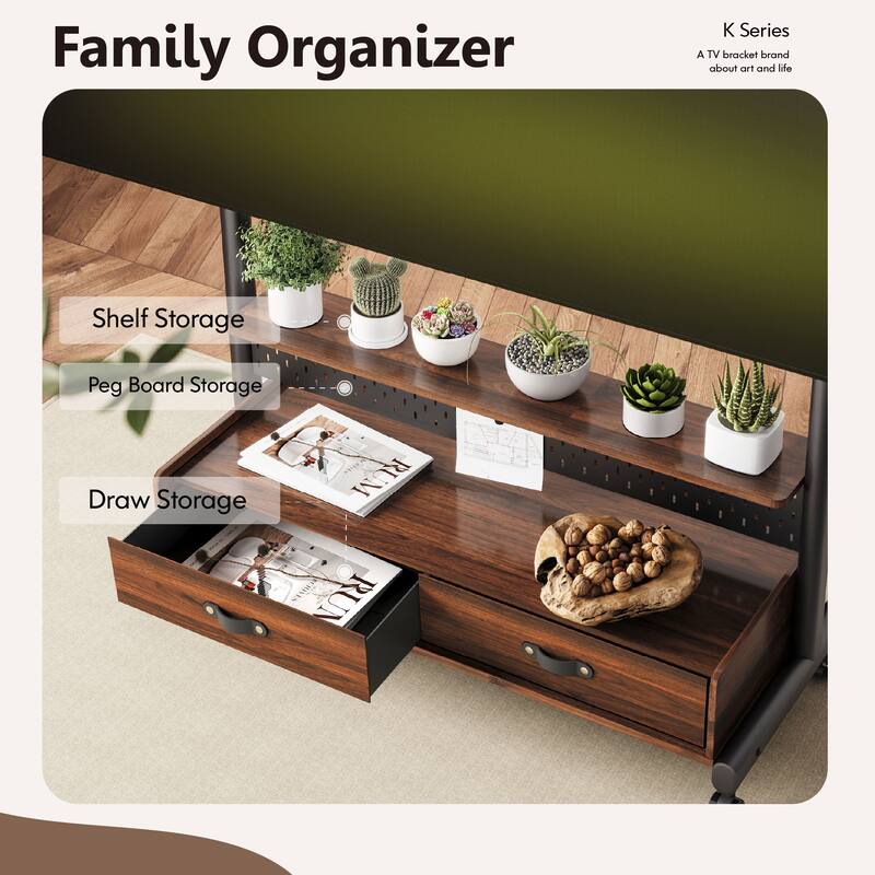 FITUEYES Mobile TV Stand for 70-100 inch Large TVs, Height Adjustable and Multi-functional with Wooden Large Drawer Storage