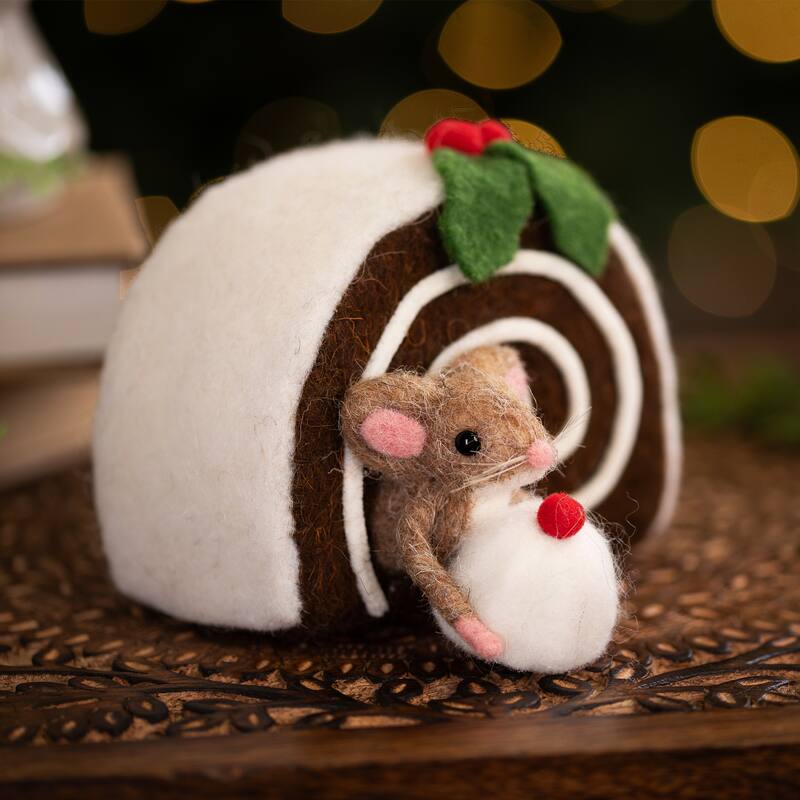 Mice with Cake and Candies Christmas Decorations - 7" - Brown and White - Set of 3