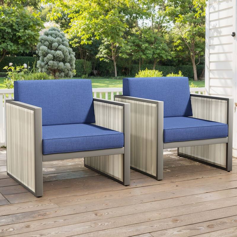 Outdoor Wicker Rattan Arm Chair with Cushion - Light Grey - Blue