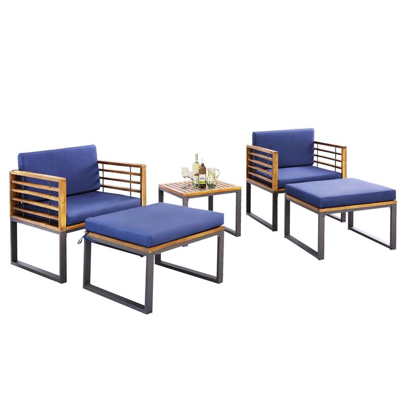 5 PCS Patio Chair Set Acacia Wood Chair Set w/Ottomans & Coffee Table - Navy+Black+Natural