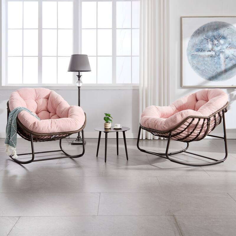 Padded Cushion Wicker Rocking chair for Indoor and Outdoor - Pink
