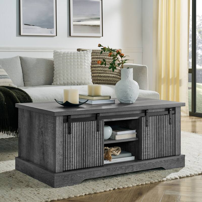 41.3 Inch Coffee Table with Storage and Sliding Wood Door, Farmhouse and Industrial Cocktail Table with Adjustable Shelv