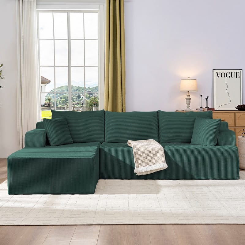 Mixoy 2-Pcs Free Combination Modular Sectional Sofas with Deep Seat,Corduroy L-Shaped Sofa with Chaise Lounge - 3-Seater - Green - Reversible