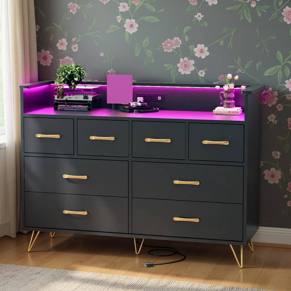 8 Drawer Wood Dresser, with Power Outlet and LED Lights