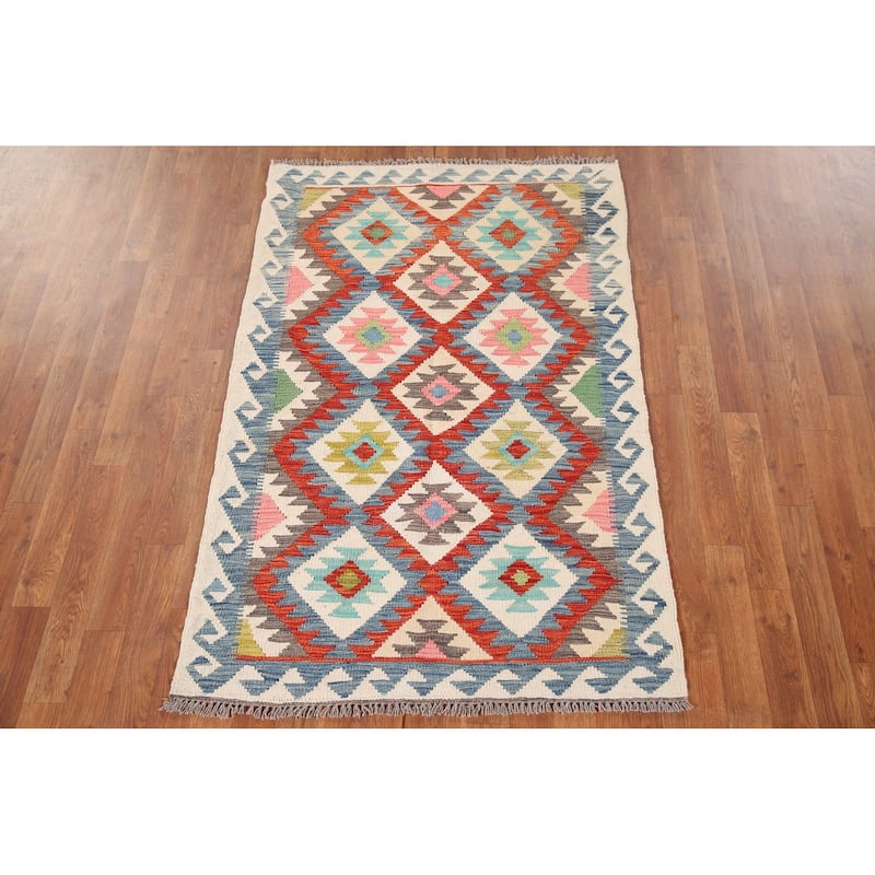 Multicolor Kilim Oriental Rug Flatweave Wool Foyer Carpet - 3'4" x 5'2"