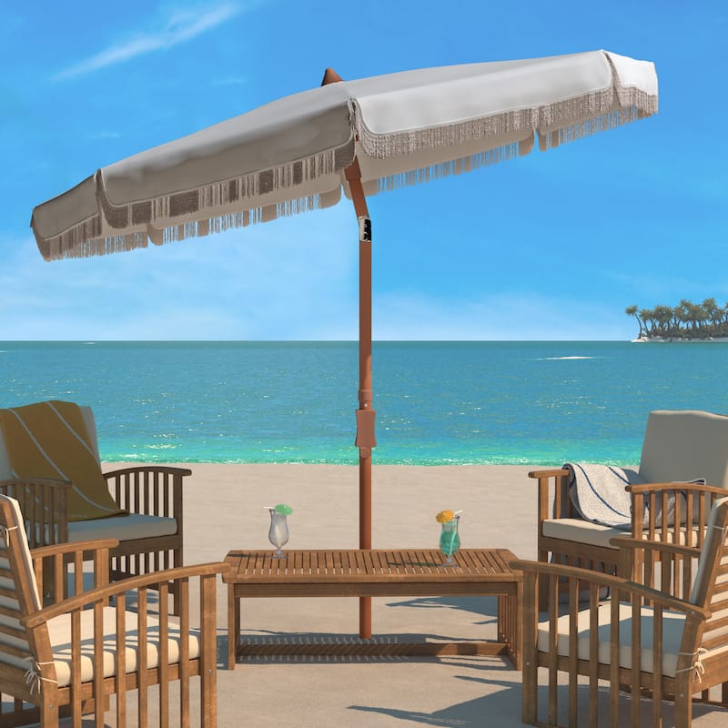SAFAVIEH Outdoor Zara 6.5-Foot Tilt Fringe Umbrella - White