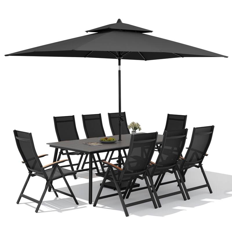 11PC Outdoor Patio Dining Set Aluminum Table with Folding Armchairs w/ Premium Market Umbrella Sets
